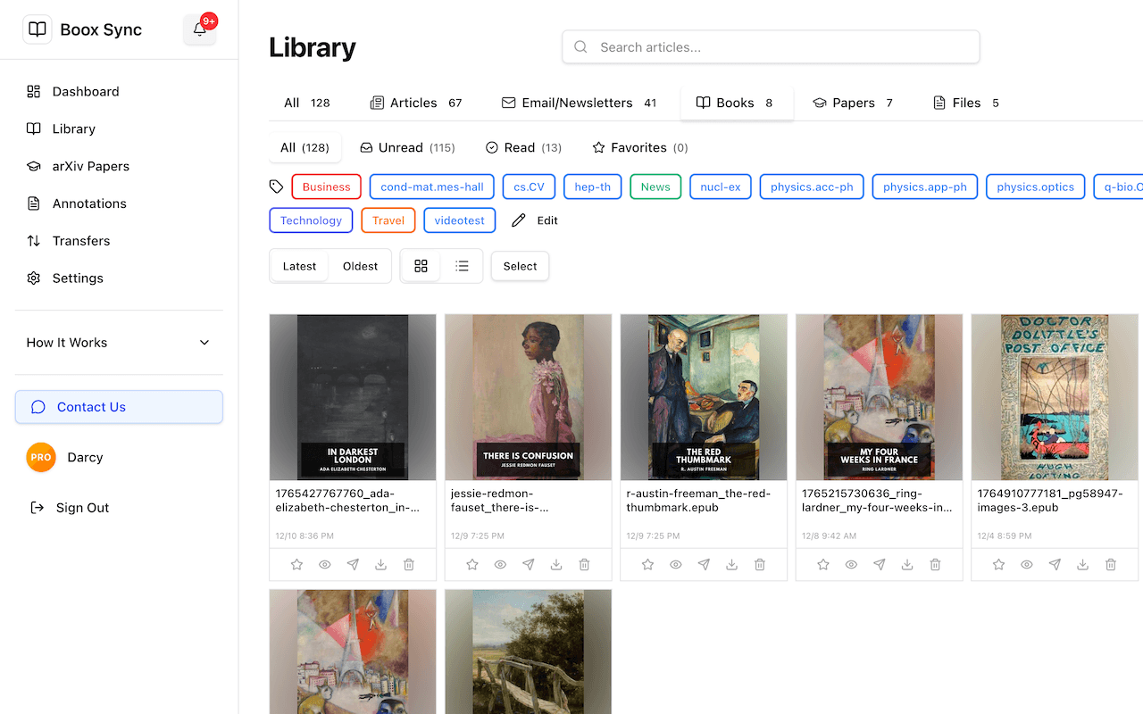 Boox Sync dashboard with saved articles ready to send to e-readers