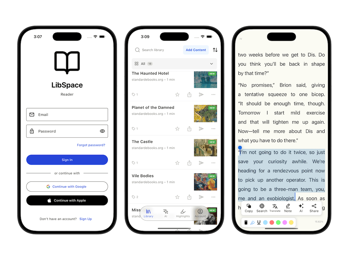 LibSpace mobile app - login, library, and reader with highlighting